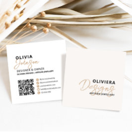 Modern Elegant Cream + Geel Script QR-code Vierkante Visitekaartje