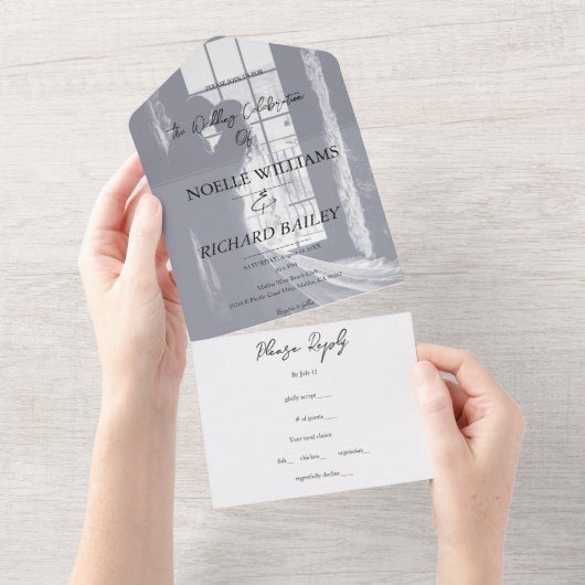 Modern Elegant Custom Photo Wedding All In One Uitnodiging (Afscheurbaar)