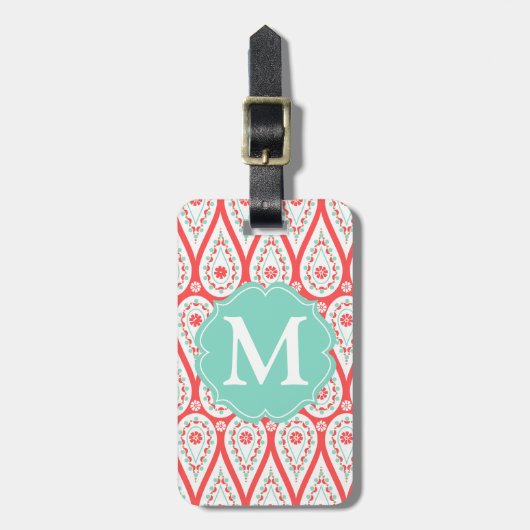 Modern Elegant Damask Coral Paisley Personalized Bagagelabel (Voorkant verticaal)