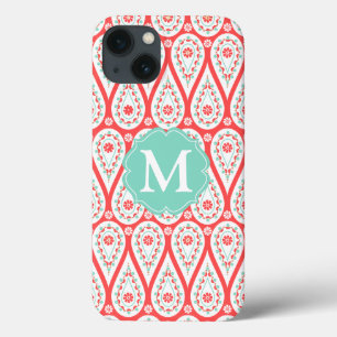 Modern Elegant Damask Coral Paisley Personalized iPhone 13 Hoesje