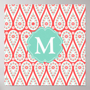 Modern Elegant Damask Coral Paisley Personalized Poster