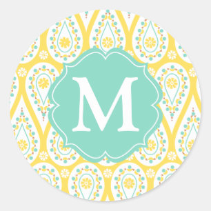 Modern Elegant Damast Yellow Paisley Gepersonalise Ronde Sticker