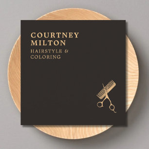 Modern Elegant Dark Faux Gold Scissors Comb Vierkante Visitekaartje