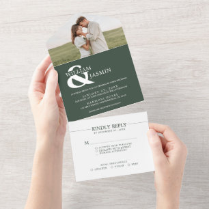 Modern Elegant Dark Green and White Photo Wedding All In One Uitnodiging