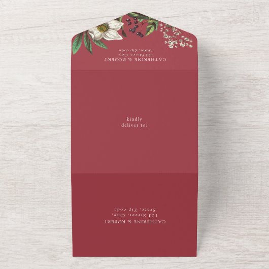 Modern Elegant Dark Red Roos All In One Uitnodiging (Buitenkant)