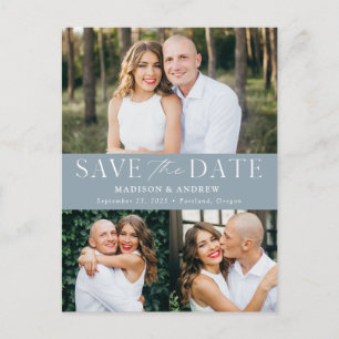 Modern Elegant Dusty Blue 3 Photo Save the Date Aankondigingskaart