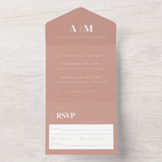 Modern Elegant Dusty Roos Wedding All In One Uitnodiging (Binnen)