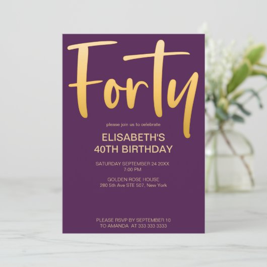 Modern Elegant Eenvoudig Paarse 40ste Verjaardagsf Kaart (Staand voorkant)