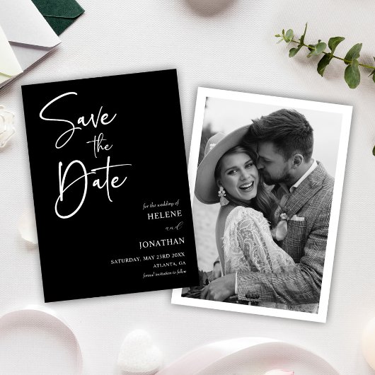 Modern Elegant Eenvoudig Script Zwart-wit Foto Save The Date