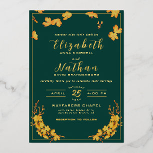 Modern Elegant Emerald Green & Gold Floral Wedding Folie Uitnodiging