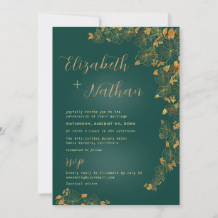 Modern Elegant Emerald Green Gold Floral Wedding Kaart