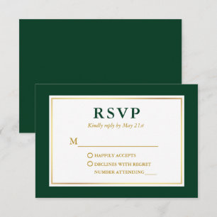 Modern Elegant Emerald Green White Gold RSVP Kaartje