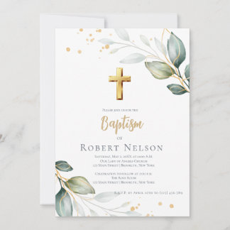 Modern Elegant Eucalyptus Gold Baptism Christening Kaart