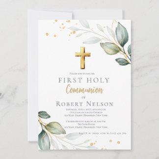 Modern Elegant Eucalyptus Gold First Communion  Kaart