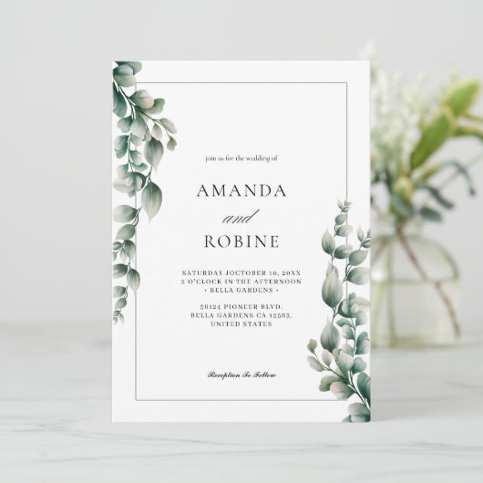 Modern Elegant Eucalyptus Weddenschap Kaart (Staand voorkant)