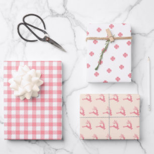 Modern Elegant Festive Pink Clover Deer Gingham Inpakpapier Vel