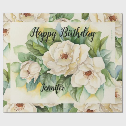Modern Elegant Floral Birthday Black Name Script Cadeaupapier (Vlak)