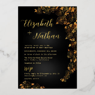 Modern Elegant Floral Black & Gold Wedding Folie Uitnodiging