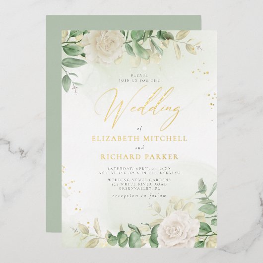 Modern Elegant Floral Greenery Wedding Folie Uitnodiging (Voorkant / Achterkant)