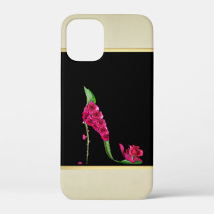 Modern Elegant Girly, Black, Cream, Flower Hiel iPhone 12 Mini Hoesje