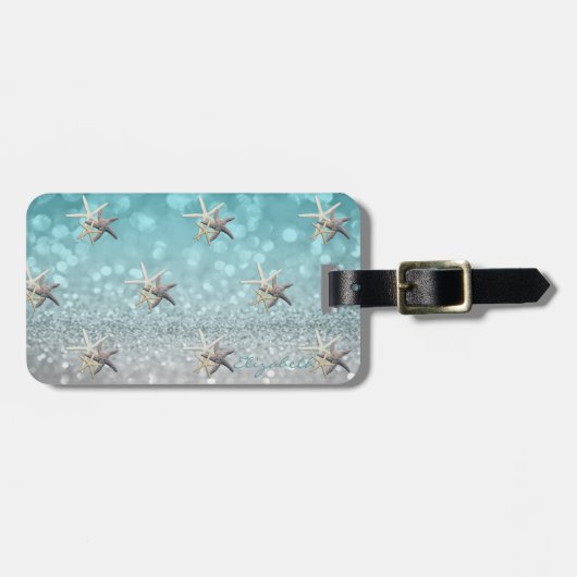 Modern Elegant Girly, Glittery, Bokeh, Starfish Bagagelabel (Voorkant horizontaal)