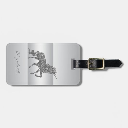 Modern Elegant Girly, Silver Glitter Unicorn Bagagelabel (Voorkant horizontaal)