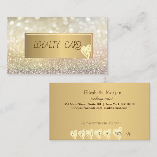 Modern Elegant Glitter Bokeh, Lijst, Gold Hearts Klantenkaartje (Voorkant / Achterkant)