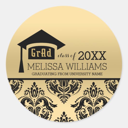 Modern Elegant Gold & Black Damask 2016 Afstuderen Ronde Sticker (Voorkant)