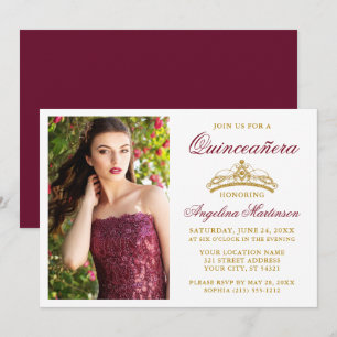 Modern Elegant Gold Crown Burgundy Quinceanera Kaart