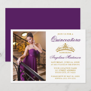 Modern Elegant Gold Crown Photo Paars Quinceanera Kaart