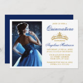 Modern Elegant Gold Crown Royal Blue Quinceanera Kaart (Voorkant / Achterkant)