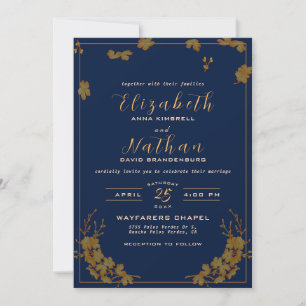 Modern Elegant Gold Floral Navy Blue Wedding Kaart