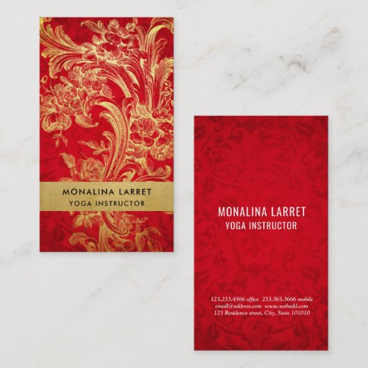 Modern Elegant Gold Flourish Red Damask Pattern Visitekaartje (Voorkant / Achterkant)