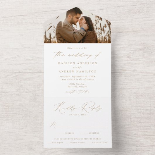 Modern Elegant Gold Script Photo Wedding All In One Uitnodiging (Binnen)