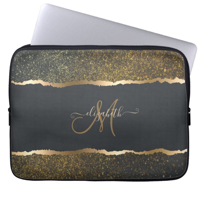 Modern Elegant Gold Touch Monogram Laptop Sleeve (Voorkant)