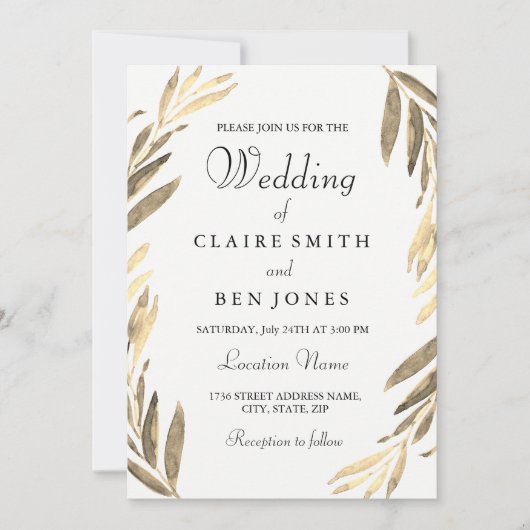 Modern Elegant Golden Leaf Wedding Invitation Kaart (Voorkant)