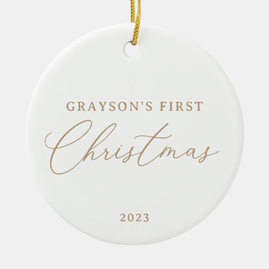 Modern Elegant Goud Script Baby's Eerste Kerstmis Keramisch Ornament (Voorkant)