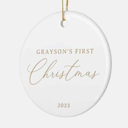 Modern Elegant Goud Script Baby's Eerste Kerstmis Keramisch Ornament (Links)