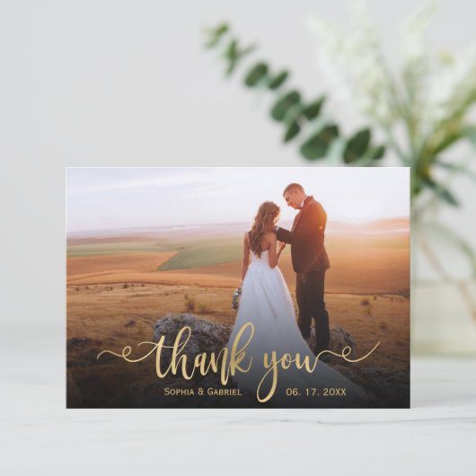 Modern Elegant Goud Script Foto Overlay Bruiloft Bedankkaart (Staand voorkant)