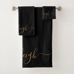 Modern Elegant Goud Script Naam Zwart Bad Handdoek