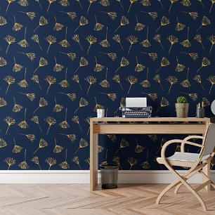 Modern Elegant Gouden Bloem Blauw Bloemen Patroon Behang