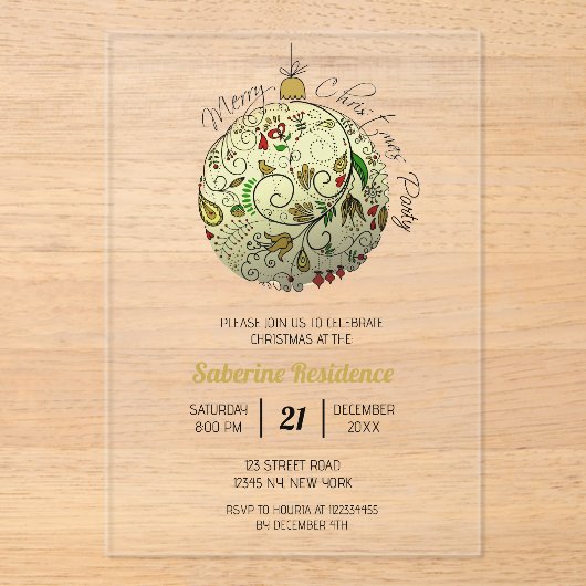Modern Elegant Gouden Kerst Doodle Ornament Acryl Uitnodigingen (Voorkant)