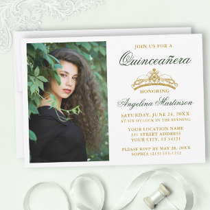 Modern Elegant Green Gold Crown Foto Quinceanera Kaart