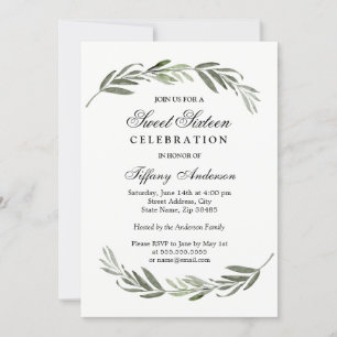 Modern Elegant Green Leaf Sweet 16 Invite Kaart