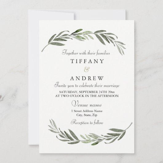 Modern Elegant Green Leaf Wedding Invitation Kaart (Voorkant)