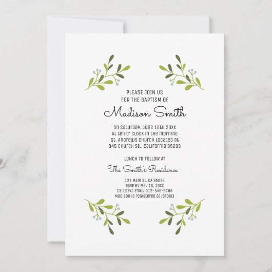 Modern Elegant Greenery Baptism Invitation Kaart (Voorkant)
