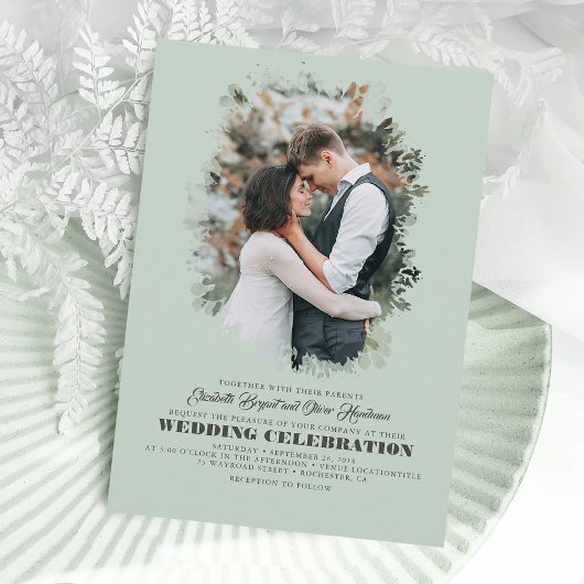 Modern Elegant Greenery Photo Overlay Wedding Kaart