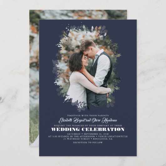 Modern Elegant Greenery Photo Overlay Wedding Kaart (Voorkant / Achterkant)