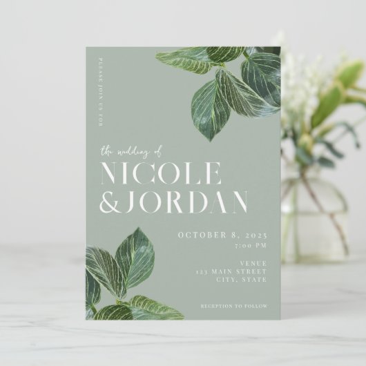 Modern Elegant Greenery Wedding Invitation Kaart (Staand voorkant)