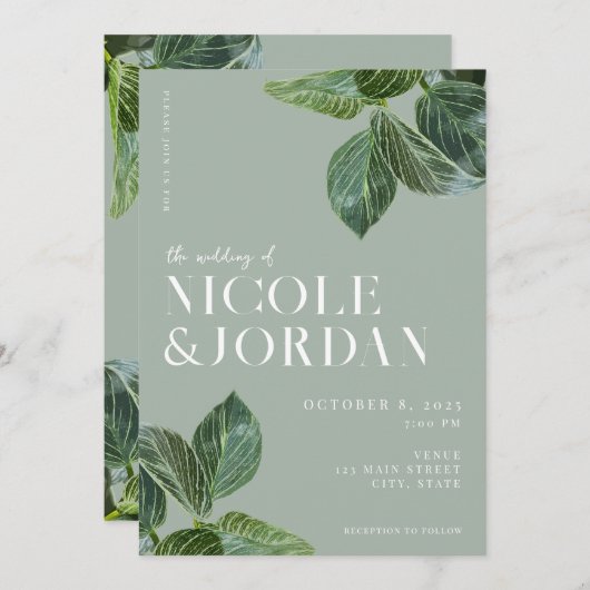 Modern Elegant Greenery Wedding Invitation Kaart (Voorkant / Achterkant)